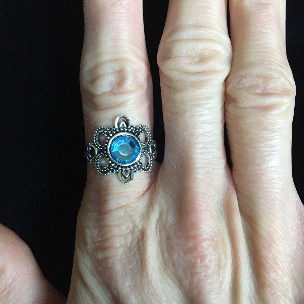 Silver Boho Flower Shaped Blue Stone Ring